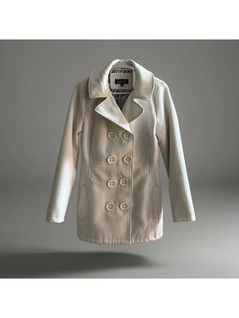 Rue21 White Peacoat Women’s Small Double Breasted Wool Blend Zebra Lined
